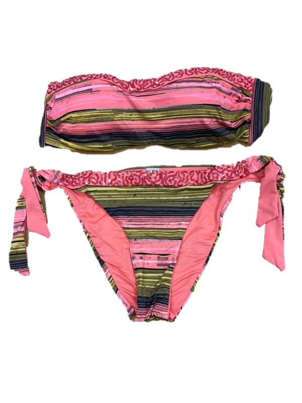Vacanze Italiane Bikini a fascia con ferretto e coppe estraibili slip medio lacci con paillettes, made in Italy art. vi22-061