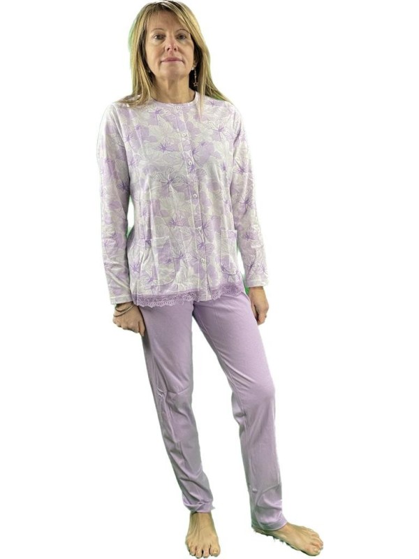 Linclalor Pigiama donna in puro cotone aperto davanti con inserto in pizzo art. 74616