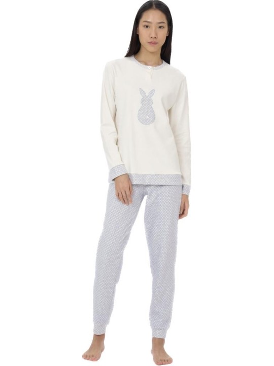 Ragno Pigiama donna in puro cotone caldo applicazione coniglio pantalone a pois art. DI68N1