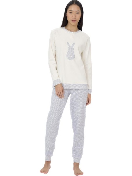 Ragno Pigiama donna in puro cotone caldo applicazione coniglio pantalone a pois art. DI68N1