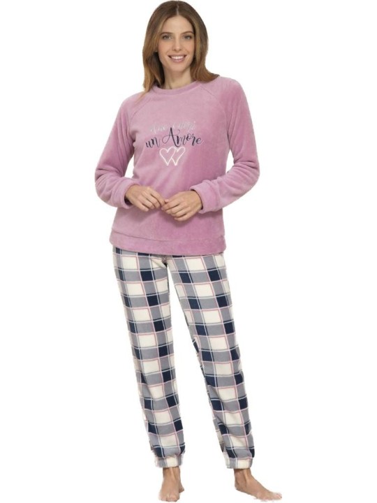 Bisbigli Pigiama in morbido coral con ricamo e pantalone scozzese art. 88647