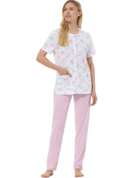 Linclalor Pigiama donna in puro cotone manica corta pantalone lungo aperto davanti art. 75094