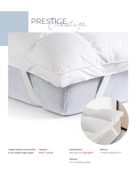 Centrotex Topper matrimoniale in cotone satin con imbottitura 1200 gr/mq art. prestige