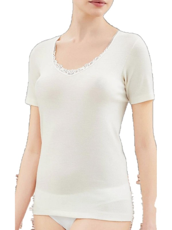 Ragno Maglia donna manica corta in pura lana merino con inserto in pizzo art. 073097
