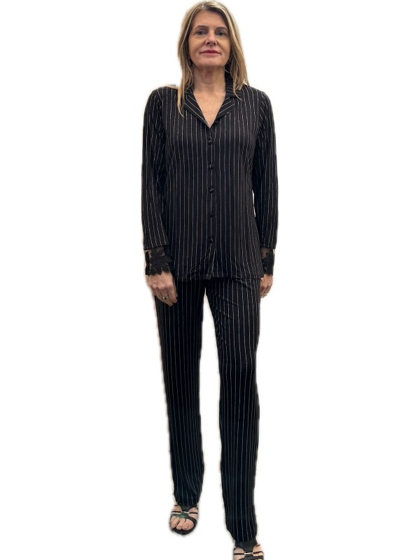 Lormar Pigiama donna in viscosa aperto davanti taglio uomo con polsini in pizzo art. 652587