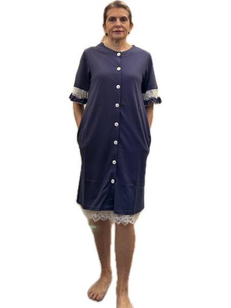 Andra Vestaglia donna manica corta abbottonata davanti in puro cotone con inserto in pizzo art. 9716