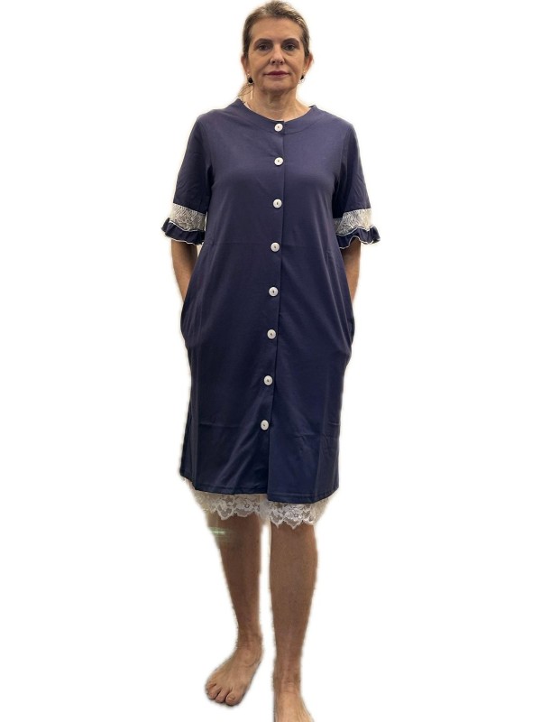 Andra Vestaglia donna manica corta abbottonata davanti in puro cotone con inserto in pizzo art. 9716