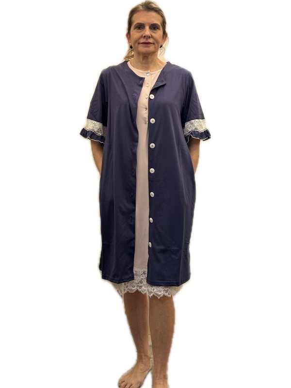 Andra Vestaglia donna manica corta abbottonata davanti in puro cotone con inserto in pizzo art. 9716