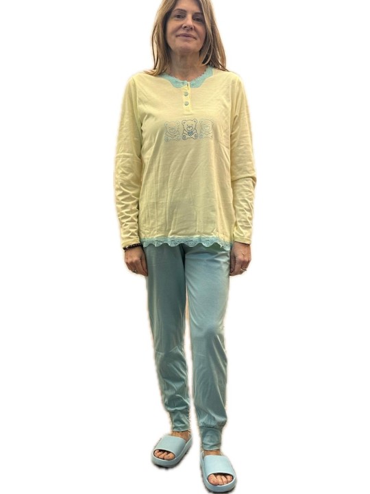 Infiore Pigiama donna in puro cotone con orsetti applicati e pizzo art. ORG652396