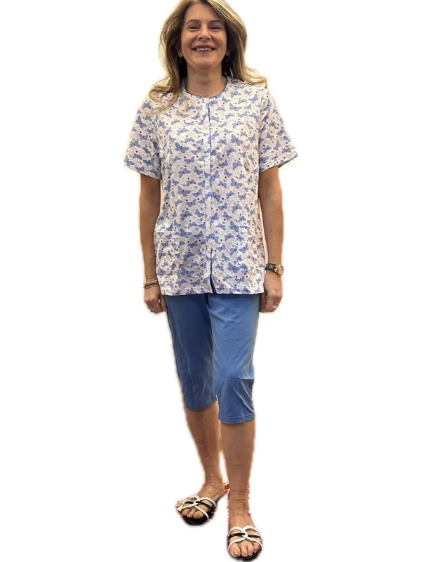 Linclalor Pigiama donna in puro cotone manica corta pantalone pinocchietto aperto davanti art. 175212
